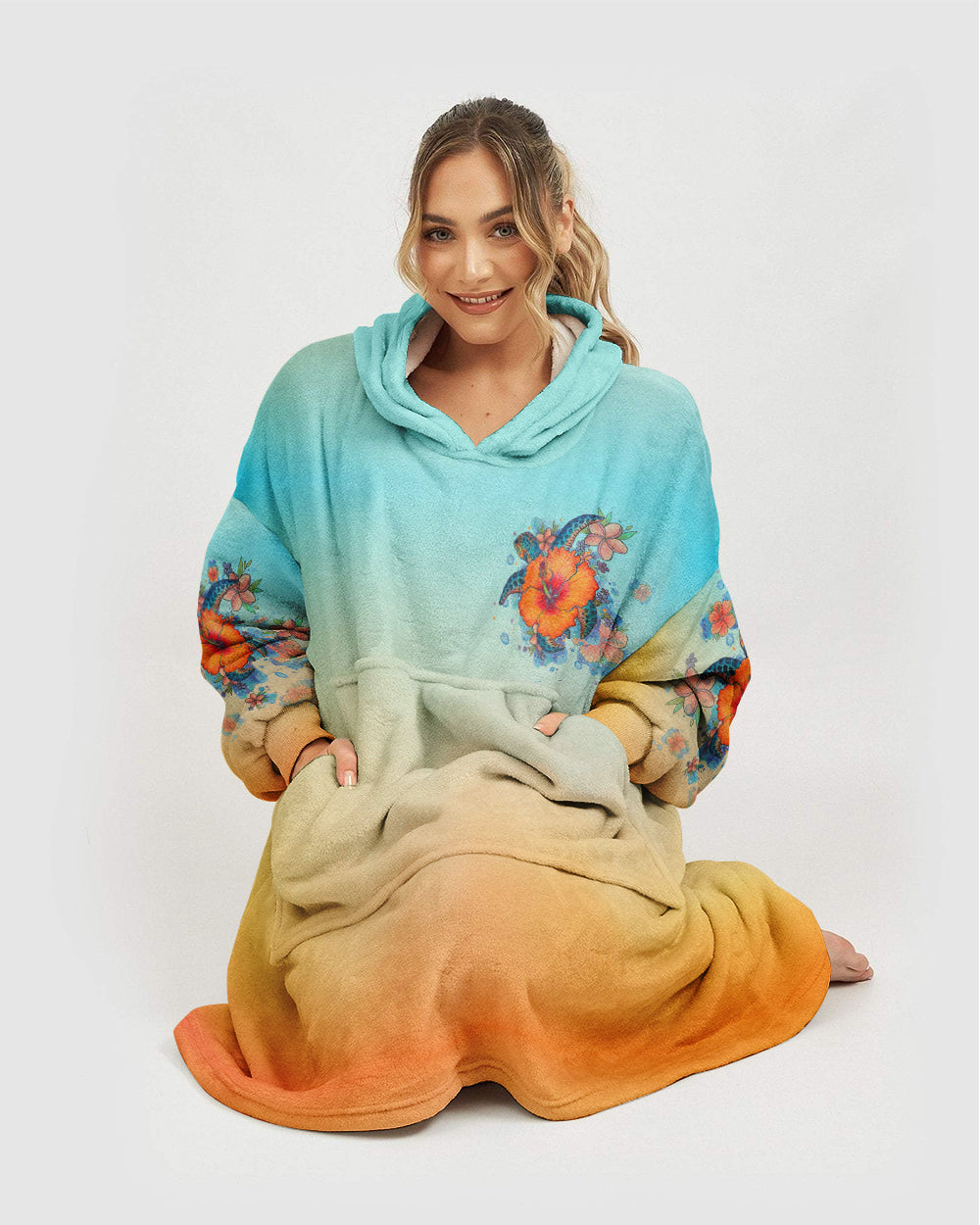 BLISSCORNERS SANDY TOES SUNKISSED NOSE TURTLE HIBISCUS  SHERPA BLANKET HOODIE