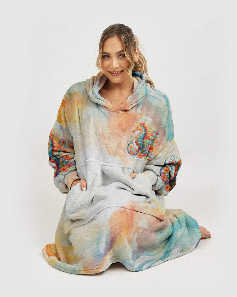 BLISSCORNERS SMELL THE SEA FEEL THE BREEZE SEAHORSE SHERPA BLANKET HOODIE