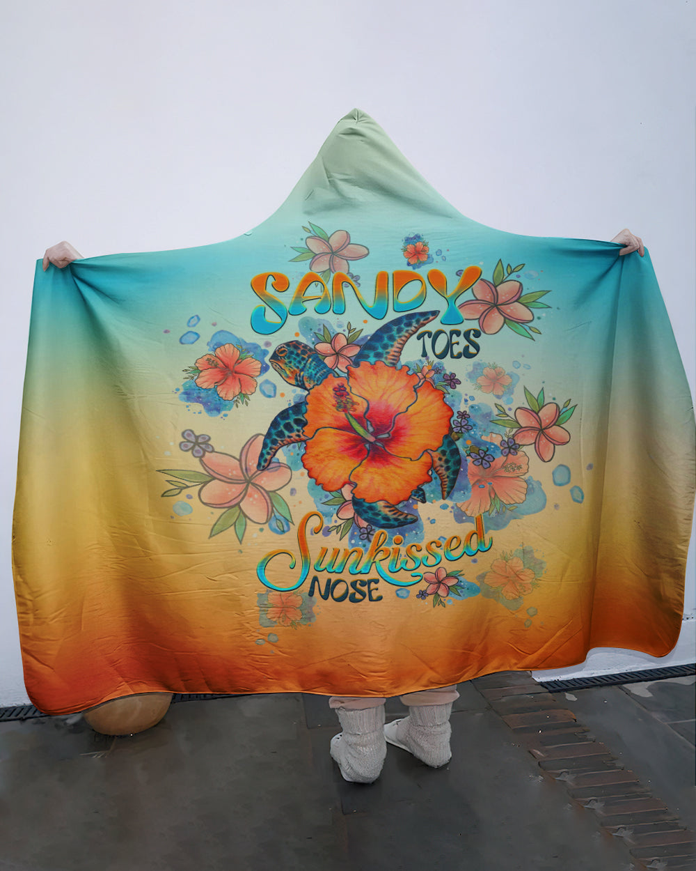 BLISSCORNERS SANDY TOES SUNKISSED NOSE TURTLE HIBISCUS  SHERPA BLANKET HOODIE