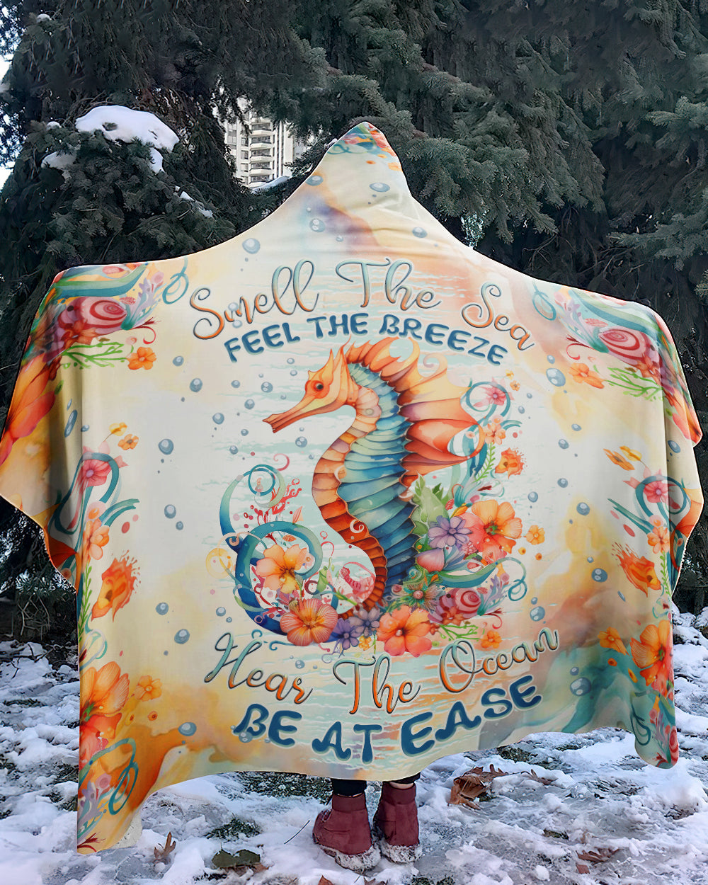 BLISSCORNERS SMELL THE SEA FEEL THE BREEZE SEAHORSE SHERPA BLANKET HOODIE