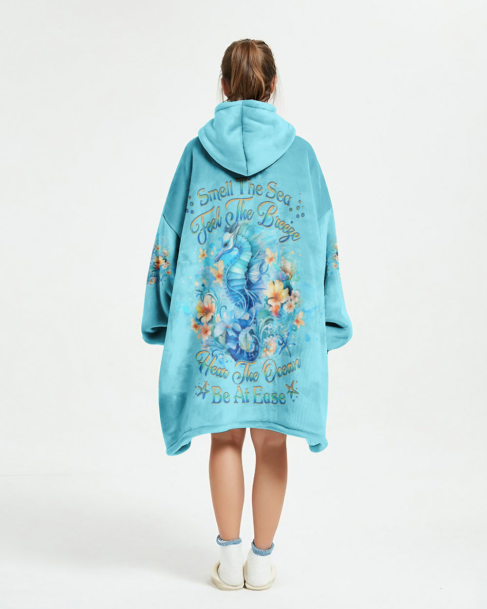 BLISSCORNERS SMELL THE SEA FEEL THE BREEZE SEAHORSE SHERPA BLANKET HOODIE