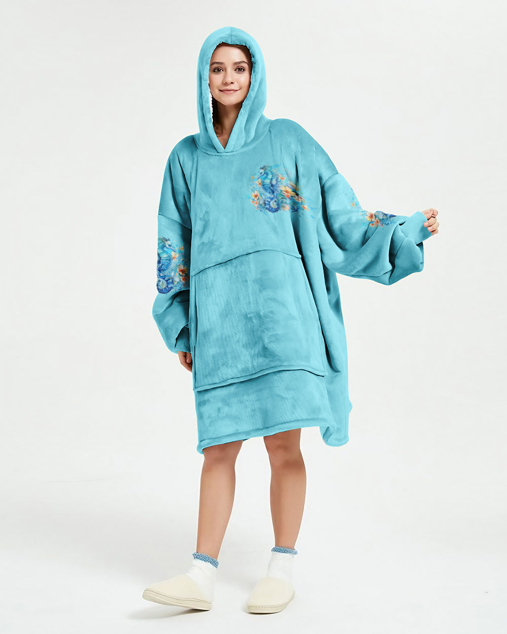 BLISSCORNERS SMELL THE SEA FEEL THE BREEZE SEAHORSE SHERPA BLANKET HOODIE