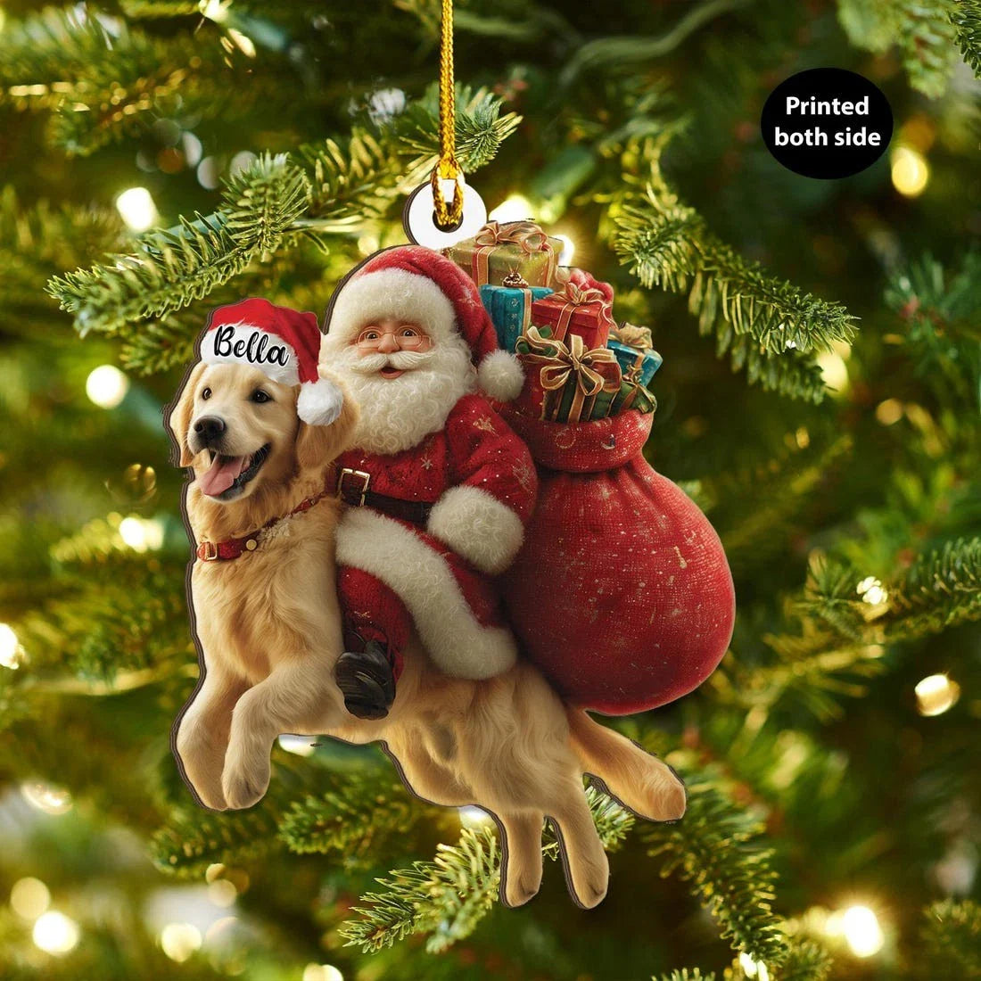 Blisscorners Personalized Golden Retriever dog and Santa Christmas Wood Ornament,2D Flat LM2511