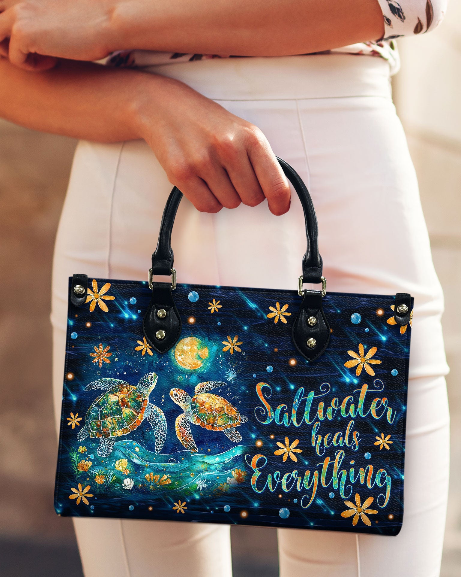 BLISSCORNERS SALTWATER HEALS EVERYTHING TURTLE  LEATHER HANDBAG