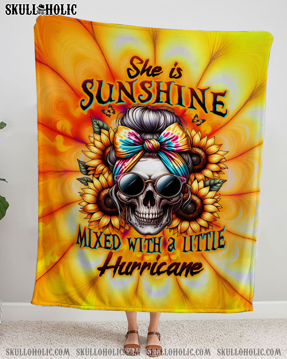 BLISSCORNERS SHE IS SUNSHINE SKULL TIE DYE WOVEN AND FLEECE BLANKET