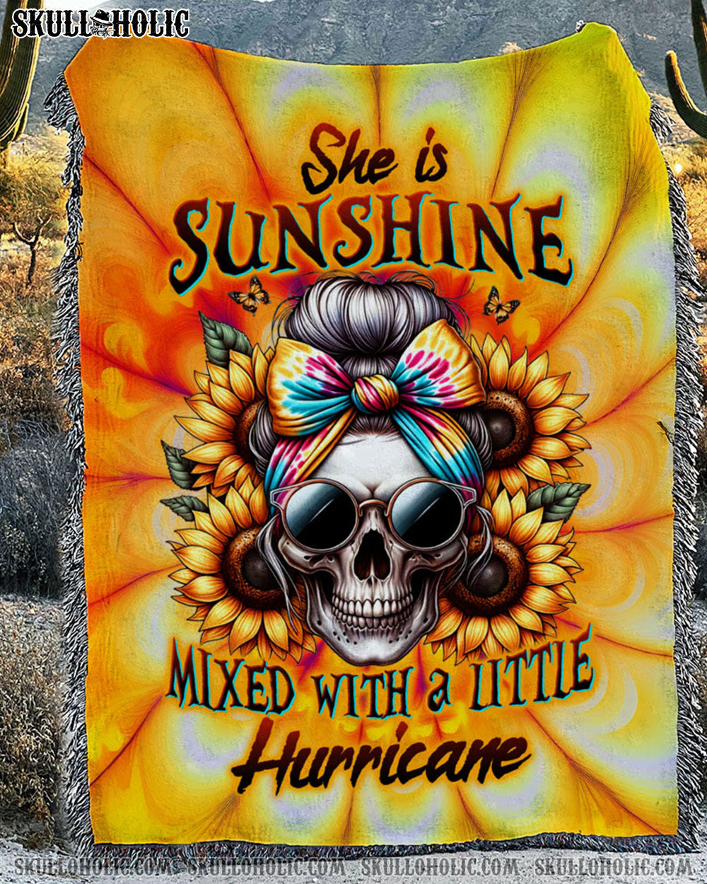 BLISSCORNERS SHE IS SUNSHINE SKULL TIE DYE WOVEN AND FLEECE BLANKET