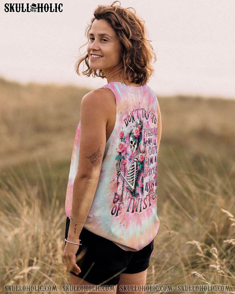 BLISSCORNERS DON'T TRY TO FIGURE ME OUT SKULL LADY TIE DYE ALL OVER PRINT