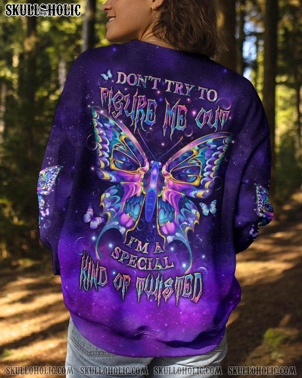 BLISSCORNERS DON'T TRY TO FIGURE ME OUT SKULL BUTTERFLY  ALL OVER PRINT