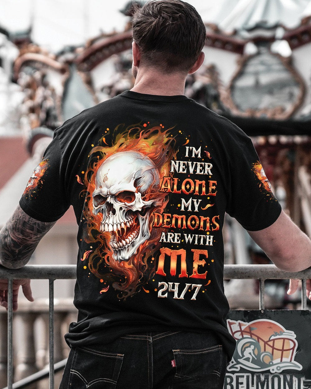 BLISSCORNERS I'M NEVER ALONE SKULL FIRE BLACK ALL OVER PRINT
