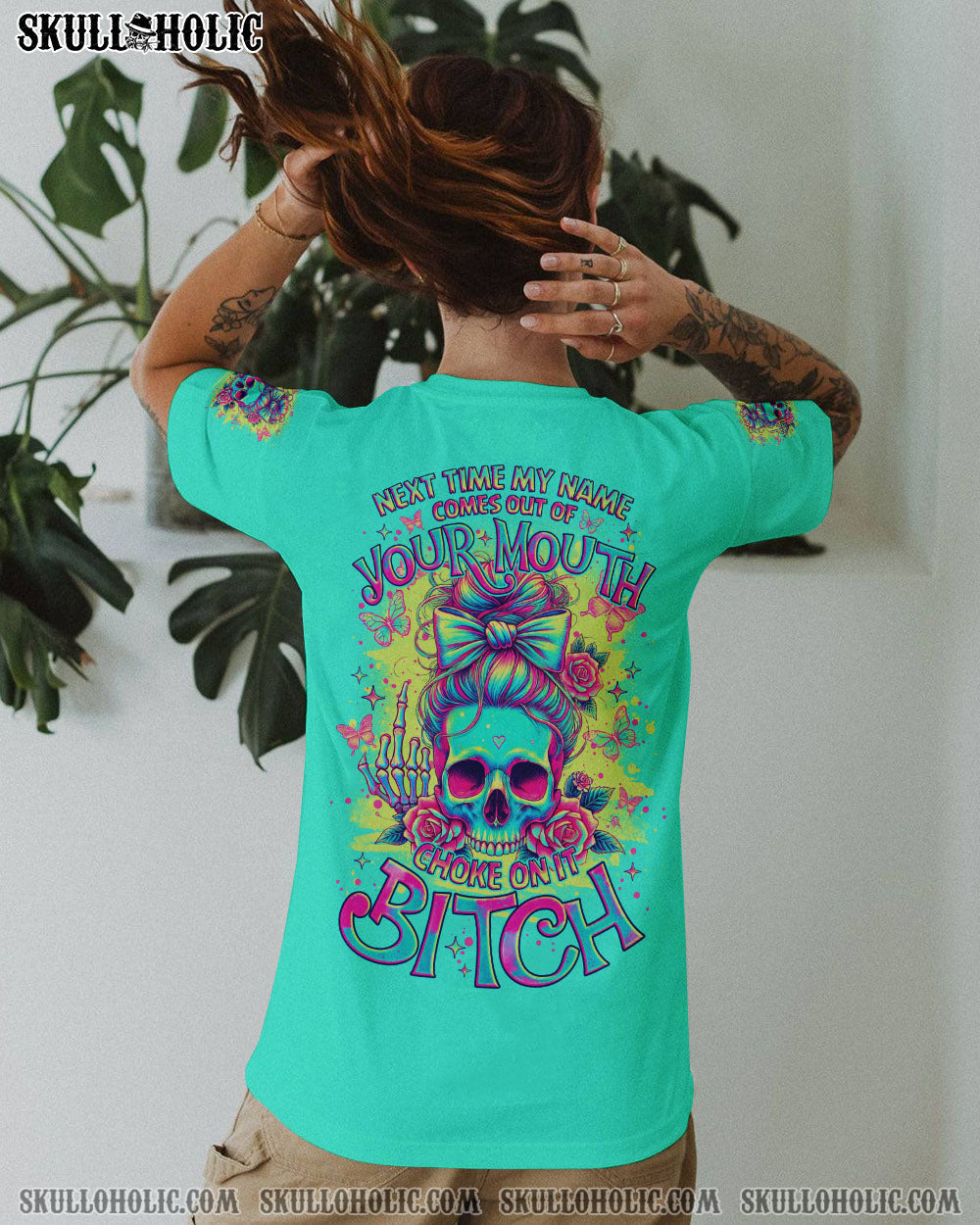 BLISSCORNERS ALWAYS A STRONG WOMAN SKULL MESSY BUN ALL OVER PRINT
