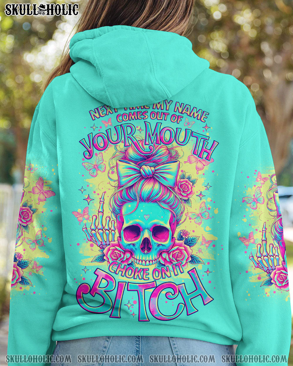 BLISSCORNERS ALWAYS A STRONG WOMAN SKULL MESSY BUN ALL OVER PRINT