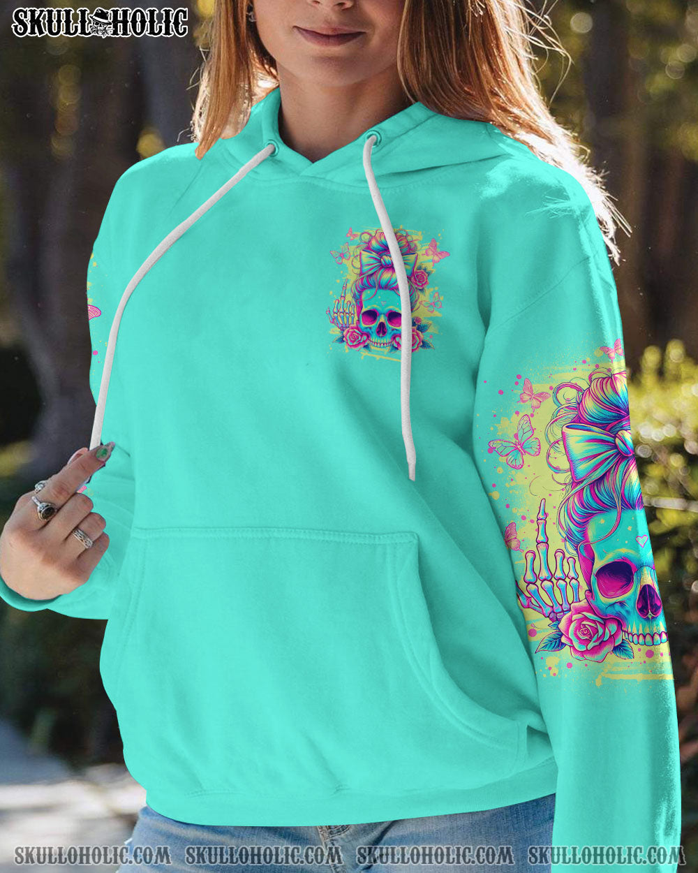 BLISSCORNERS ALWAYS A STRONG WOMAN SKULL MESSY BUN ALL OVER PRINT