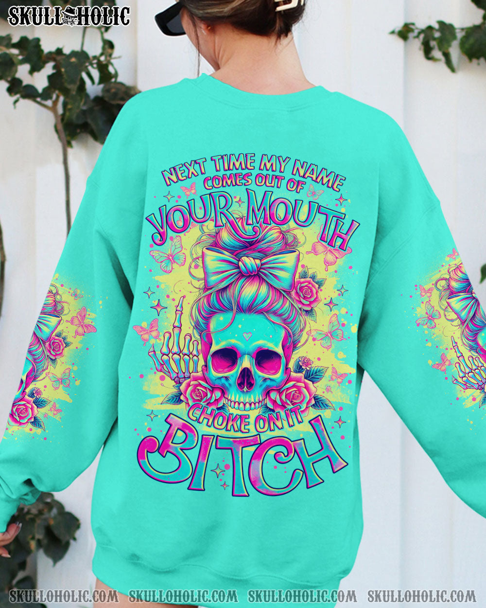 BLISSCORNERS ALWAYS A STRONG WOMAN SKULL MESSY BUN ALL OVER PRINT