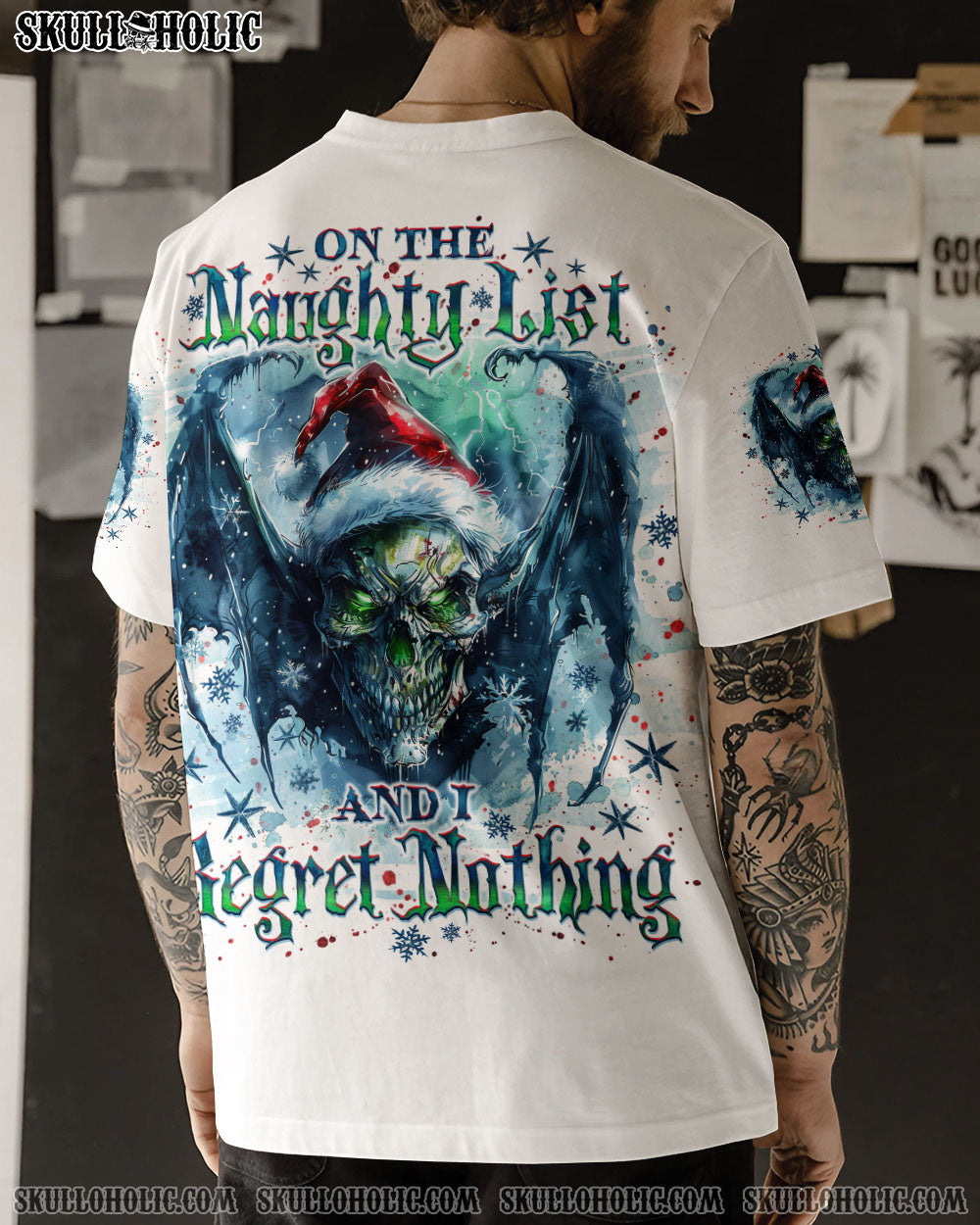 BLISSCORNERS ON THE NAUGHTY LIST SKULL WINGS CHRISTMAS ALL OVER PRINT