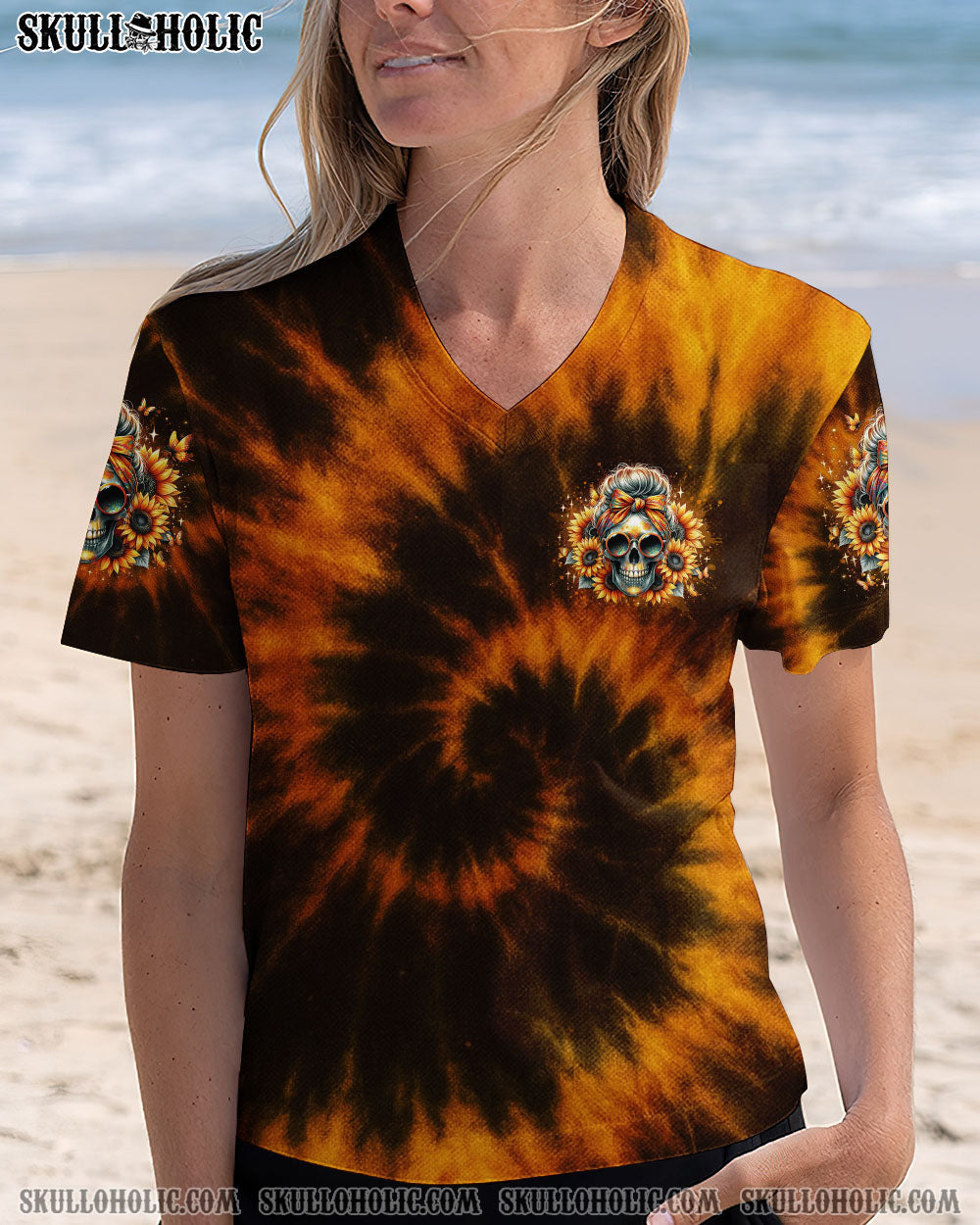 BLISSCORNERS SHE IS SUNSHINE SUNFLOWER MESSY SKULL TIE DYE ALL OVER PRINT