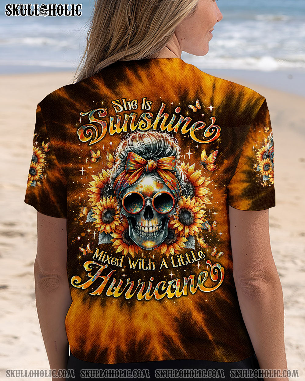 BLISSCORNERS SHE IS SUNSHINE SUNFLOWER MESSY SKULL TIE DYE ALL OVER PRINT