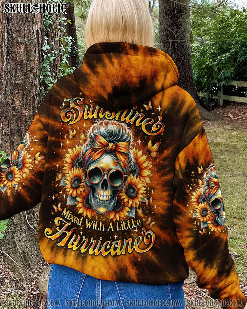 BLISSCORNERS SHE IS SUNSHINE SUNFLOWER MESSY SKULL TIE DYE ALL OVER PRINT