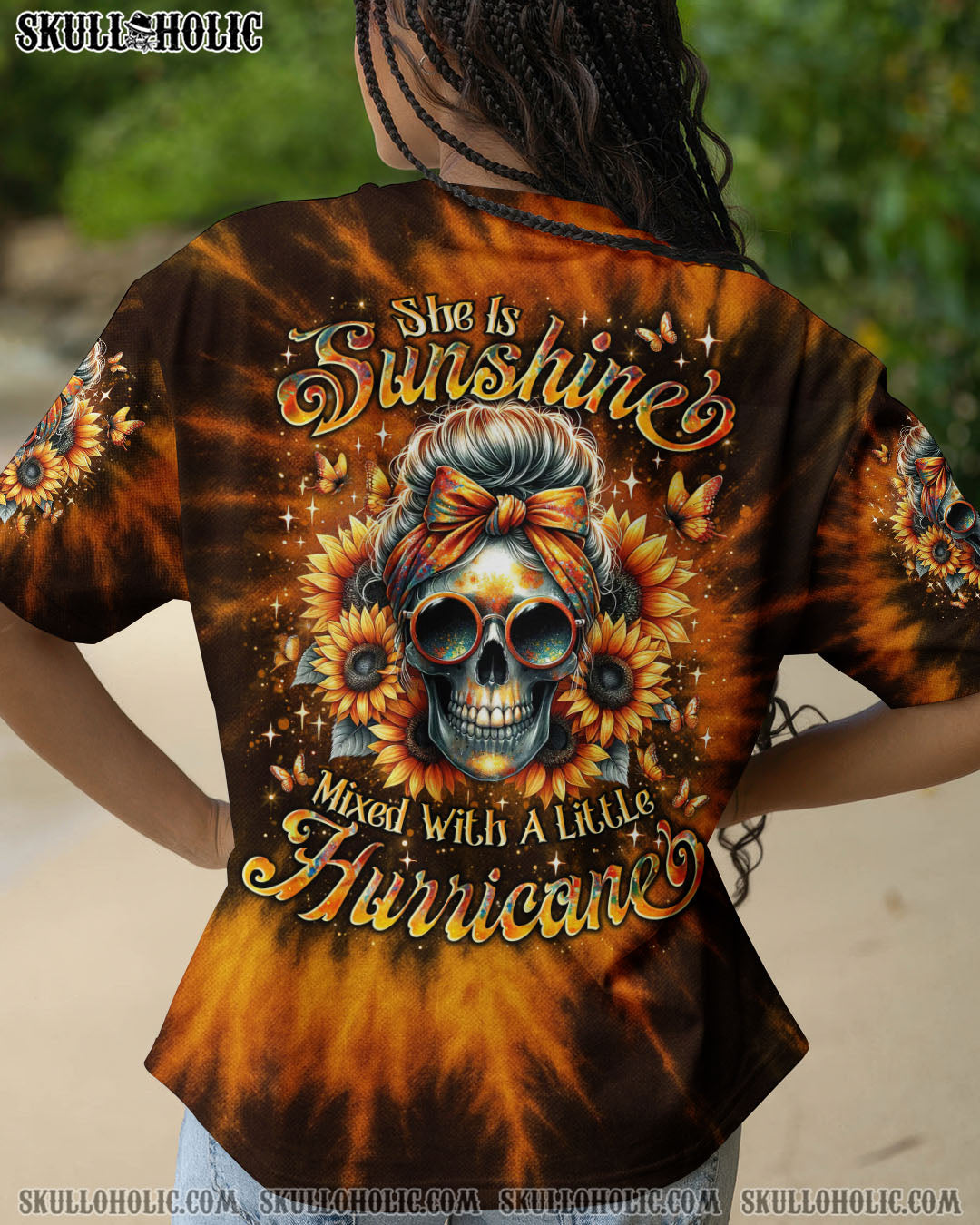 BLISSCORNERS SHE IS SUNSHINE SUNFLOWER MESSY SKULL TIE DYE ALL OVER PRINT