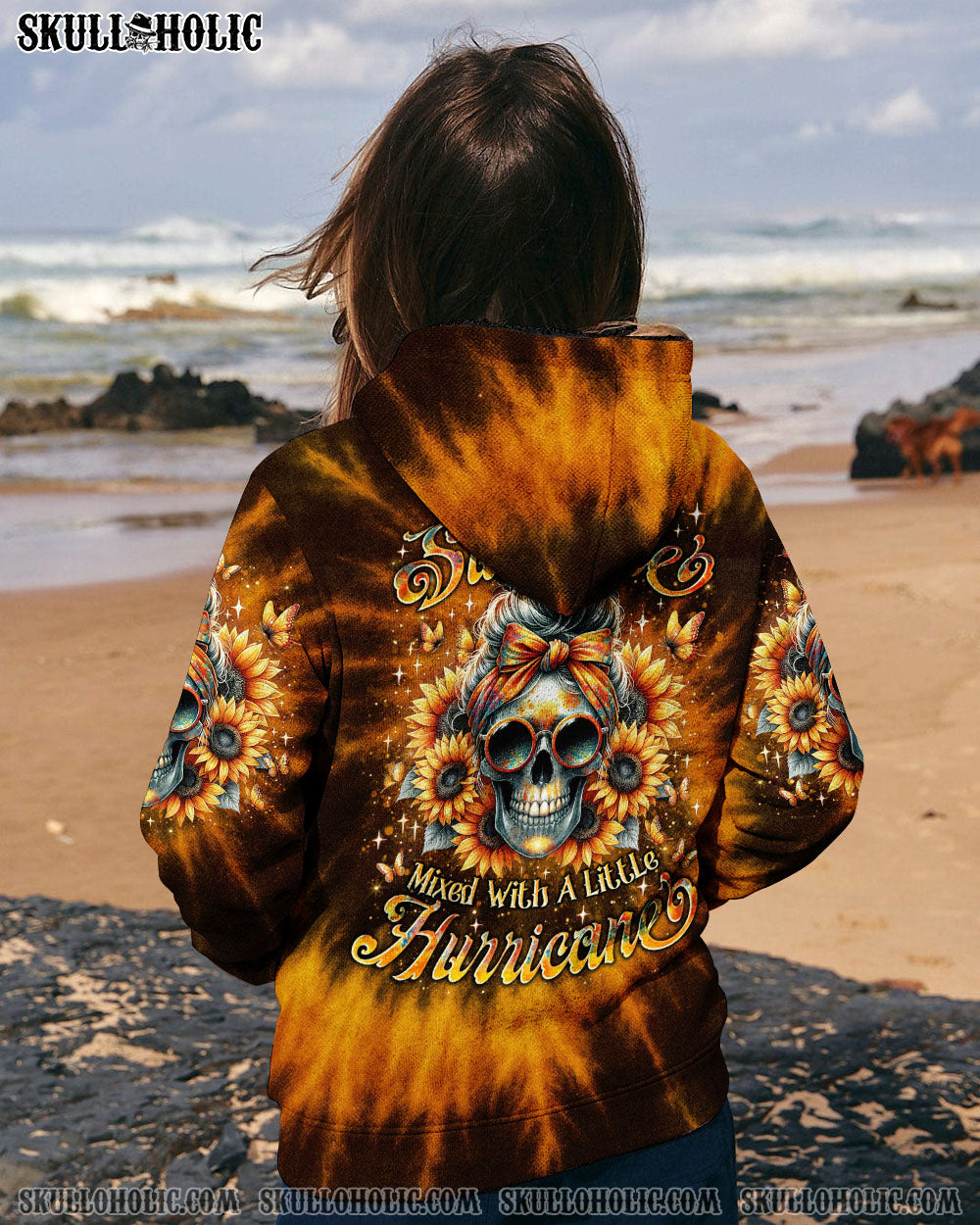 BLISSCORNERS SHE IS SUNSHINE SUNFLOWER MESSY SKULL TIE DYE ALL OVER PRINT