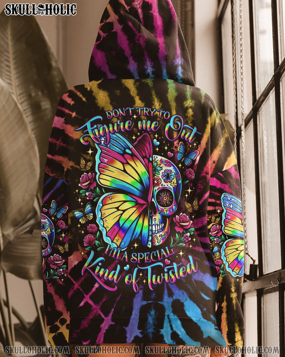 BLISSCORNERS DON'T TRY TO FIGURE ME OUT SKULL BUTTERFLY TIE DYE ALL OVER PRINT
