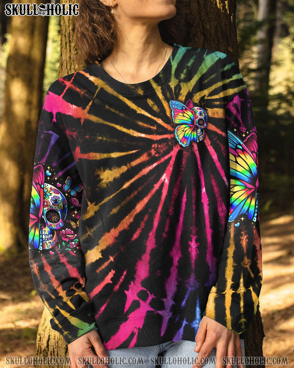 BLISSCORNERS DON'T TRY TO FIGURE ME OUT SKULL BUTTERFLY TIE DYE ALL OVER PRINT