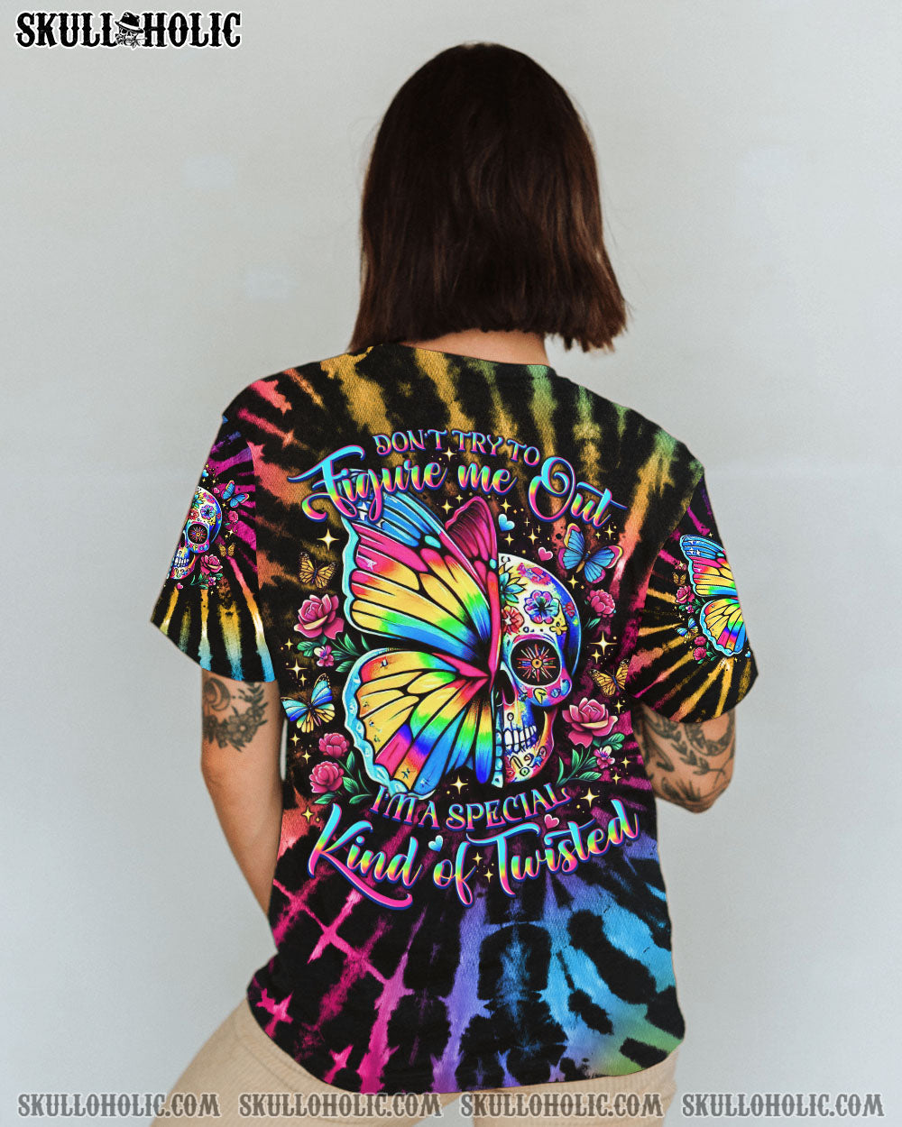 BLISSCORNERS DON'T TRY TO FIGURE ME OUT SKULL BUTTERFLY TIE DYE ALL OVER PRINT