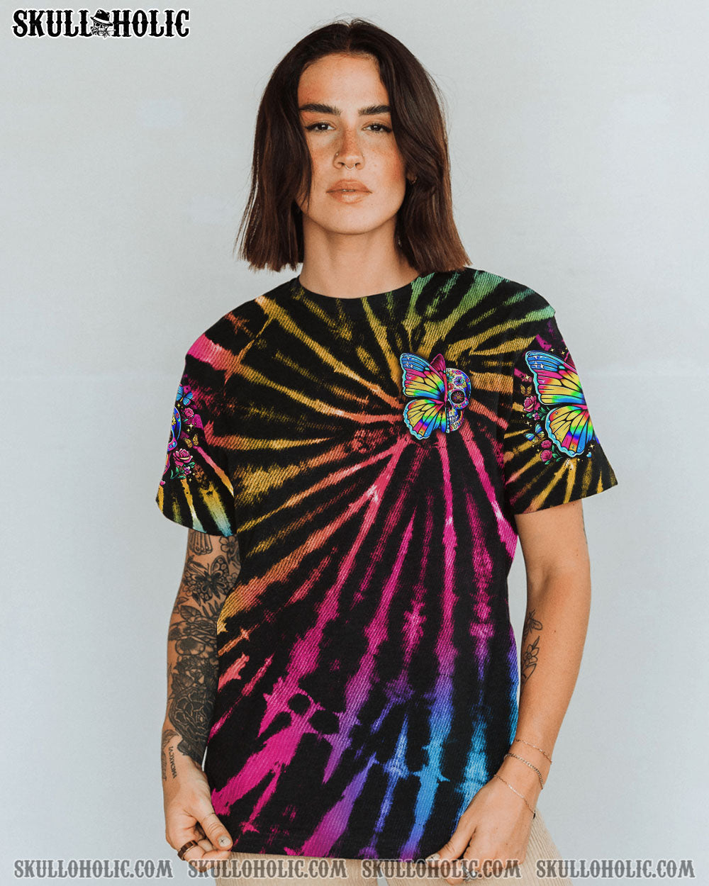 BLISSCORNERS DON'T TRY TO FIGURE ME OUT SKULL BUTTERFLY TIE DYE ALL OVER PRINT