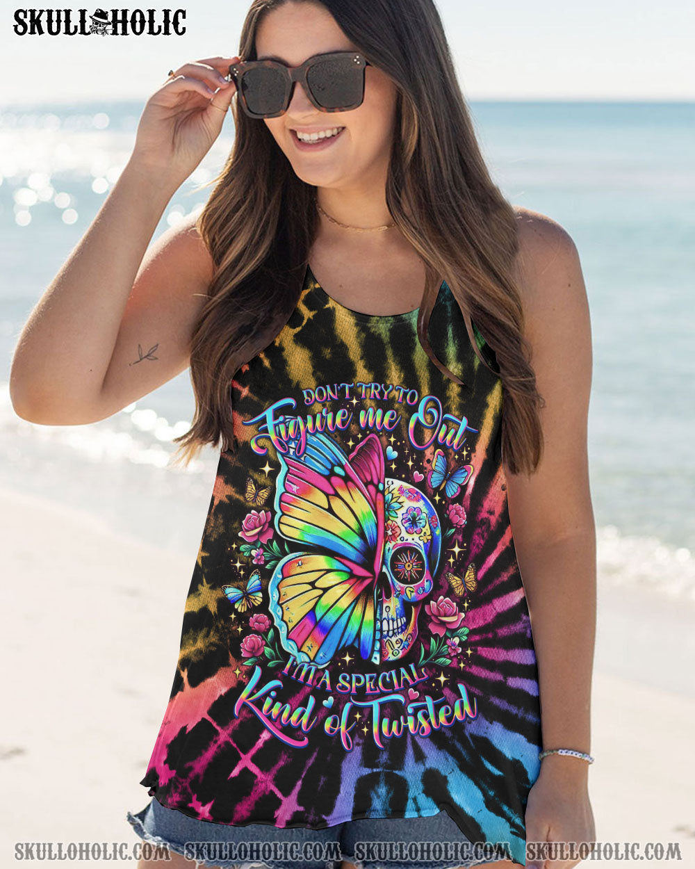 BLISSCORNERS DON'T TRY TO FIGURE ME OUT SKULL BUTTERFLY TIE DYE ALL OVER PRINT