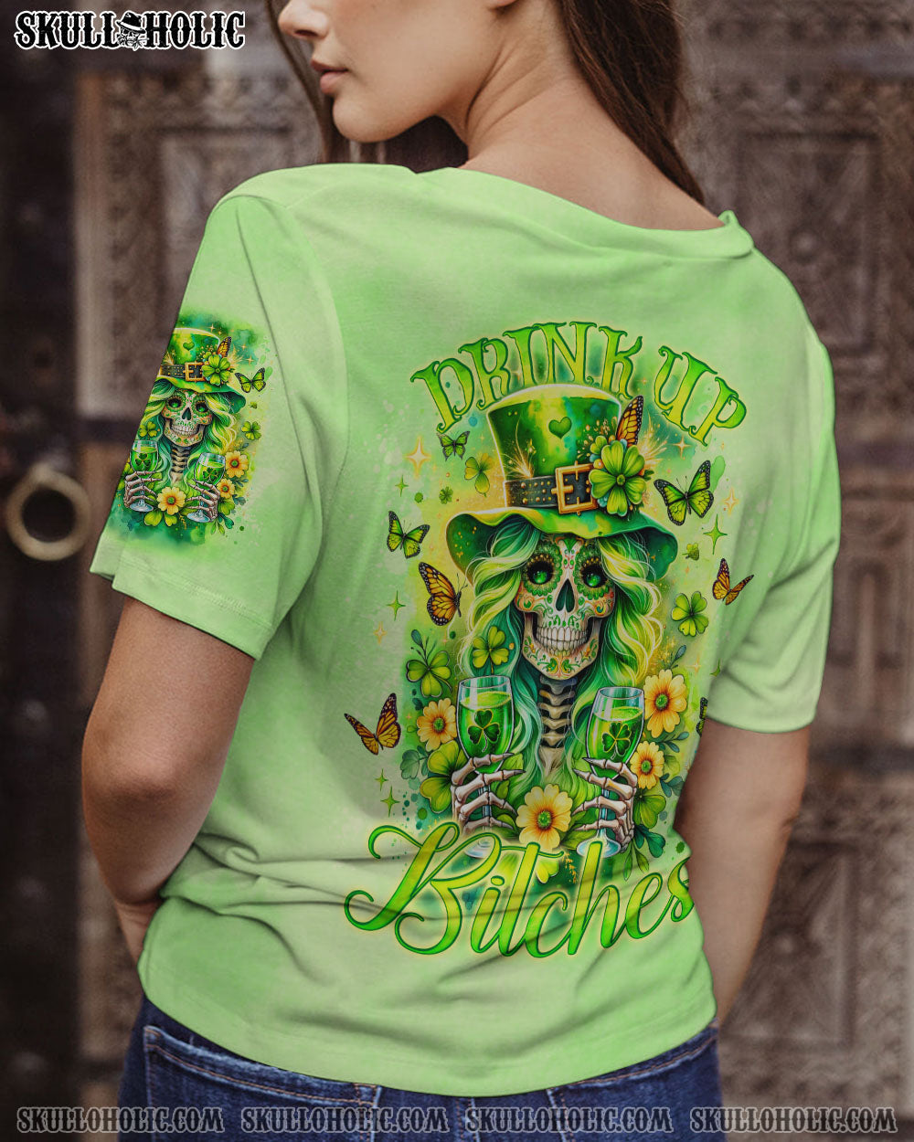 BLISSCORNERS DRINK UP B SKULL LADY PATRICK'S DAY ALL OVER PRINT