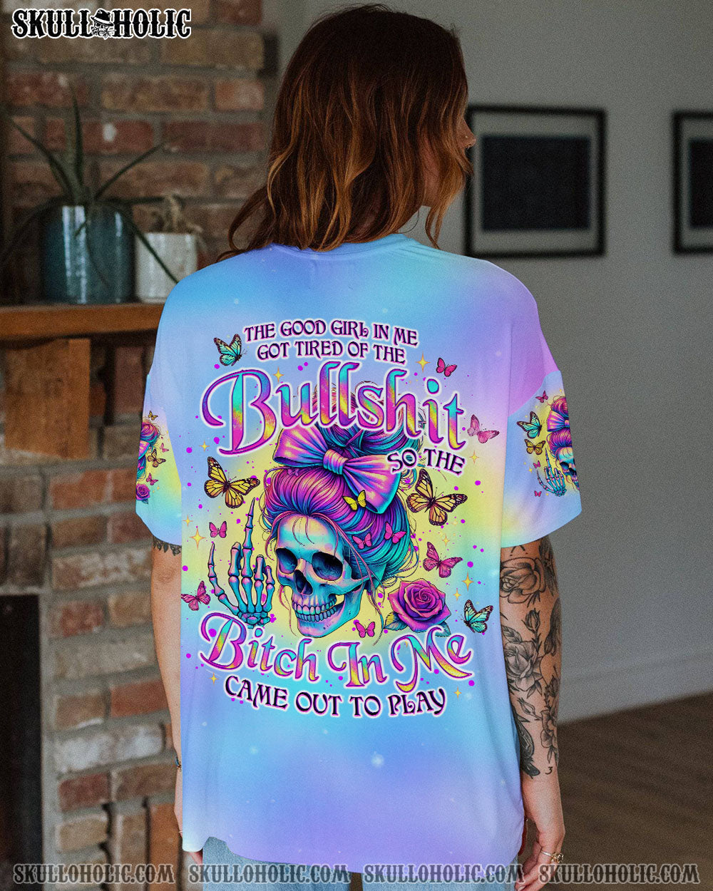 BLISSCORNERS THE GOOD GIRL IN ME SKULL MESSY BUN ALL OVER PRINT