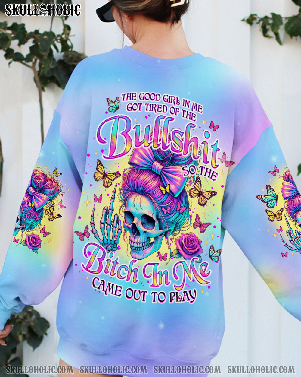 BLISSCORNERS THE GOOD GIRL IN ME SKULL MESSY BUN ALL OVER PRINT