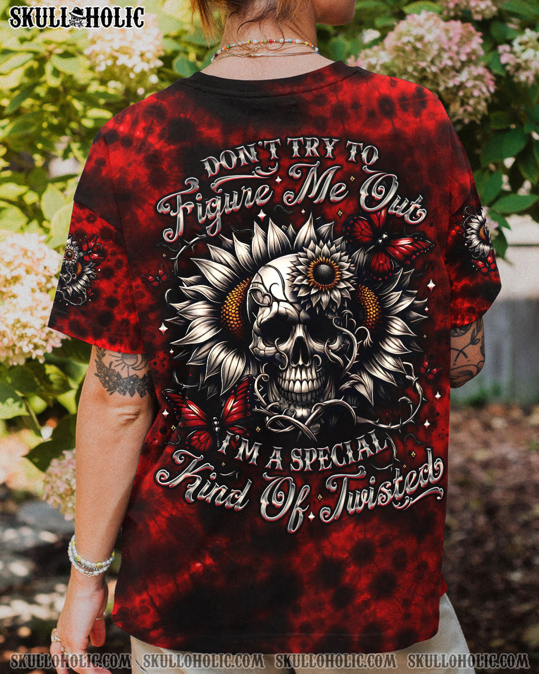 BLISSCORNERS DON'T TRY TO FIGURE ME OUT SKULL SUNFLOWER ALL OVER PRINT