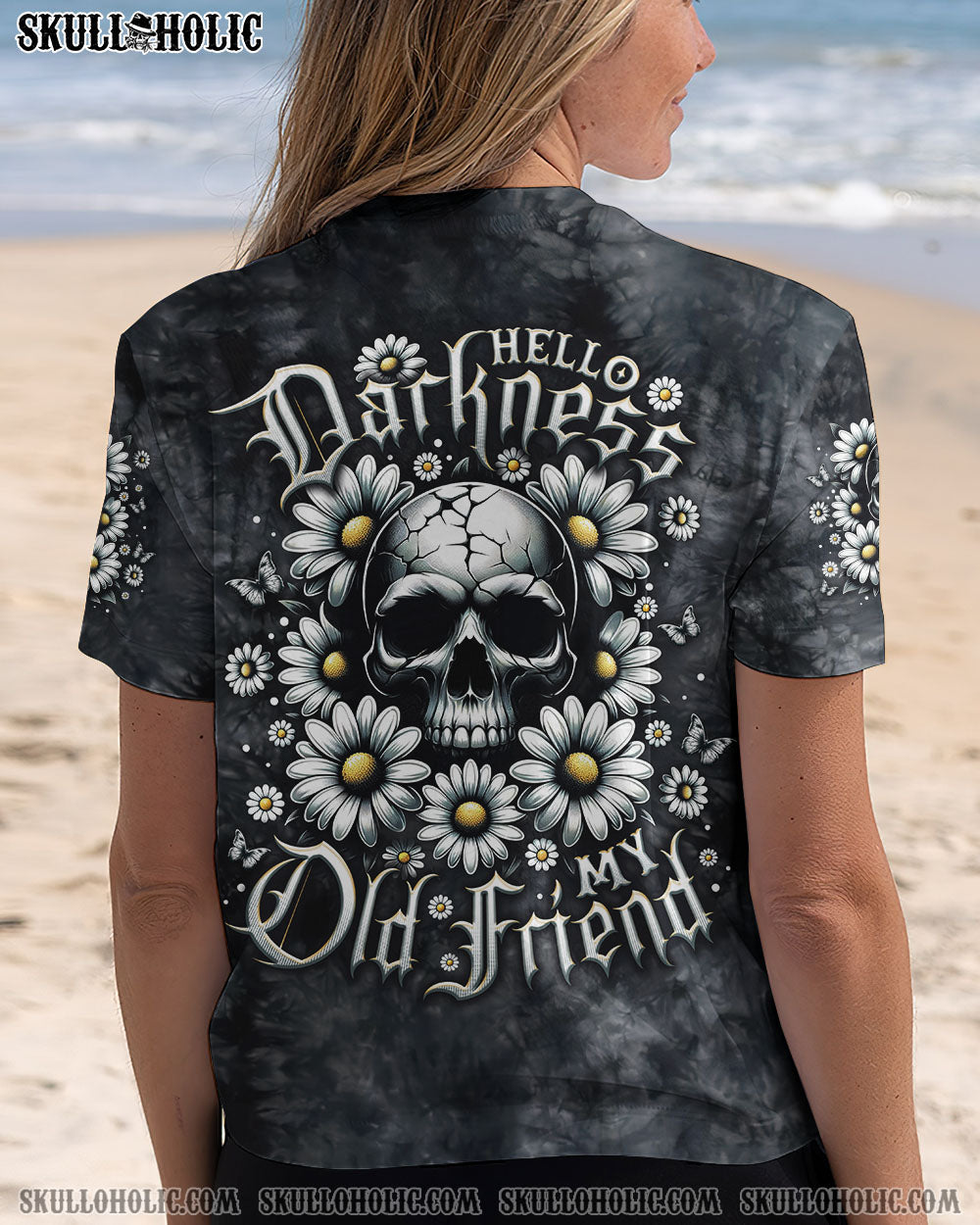 BLISSCORNERS HELLO DARKNESS MY OLD FRIEND SKULL DAISIES ALL OVER PRINT