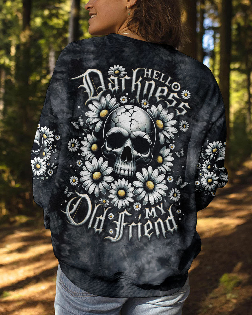 BLISSCORNERS HELLO DARKNESS MY OLD FRIEND SKULL DAISIES ALL OVER PRINT