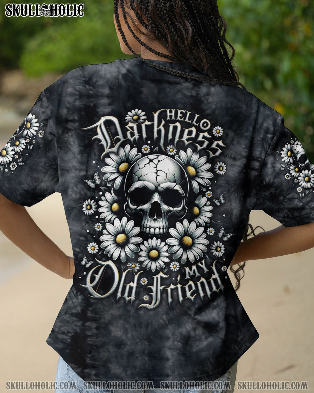 BLISSCORNERS HELLO DARKNESS MY OLD FRIEND SKULL DAISIES ALL OVER PRINT