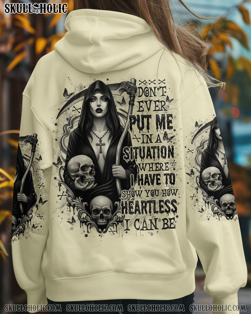BLISSCORNERS HOW HEARTLESS I CAN BE SKULL LADY ALL OVER PRINT