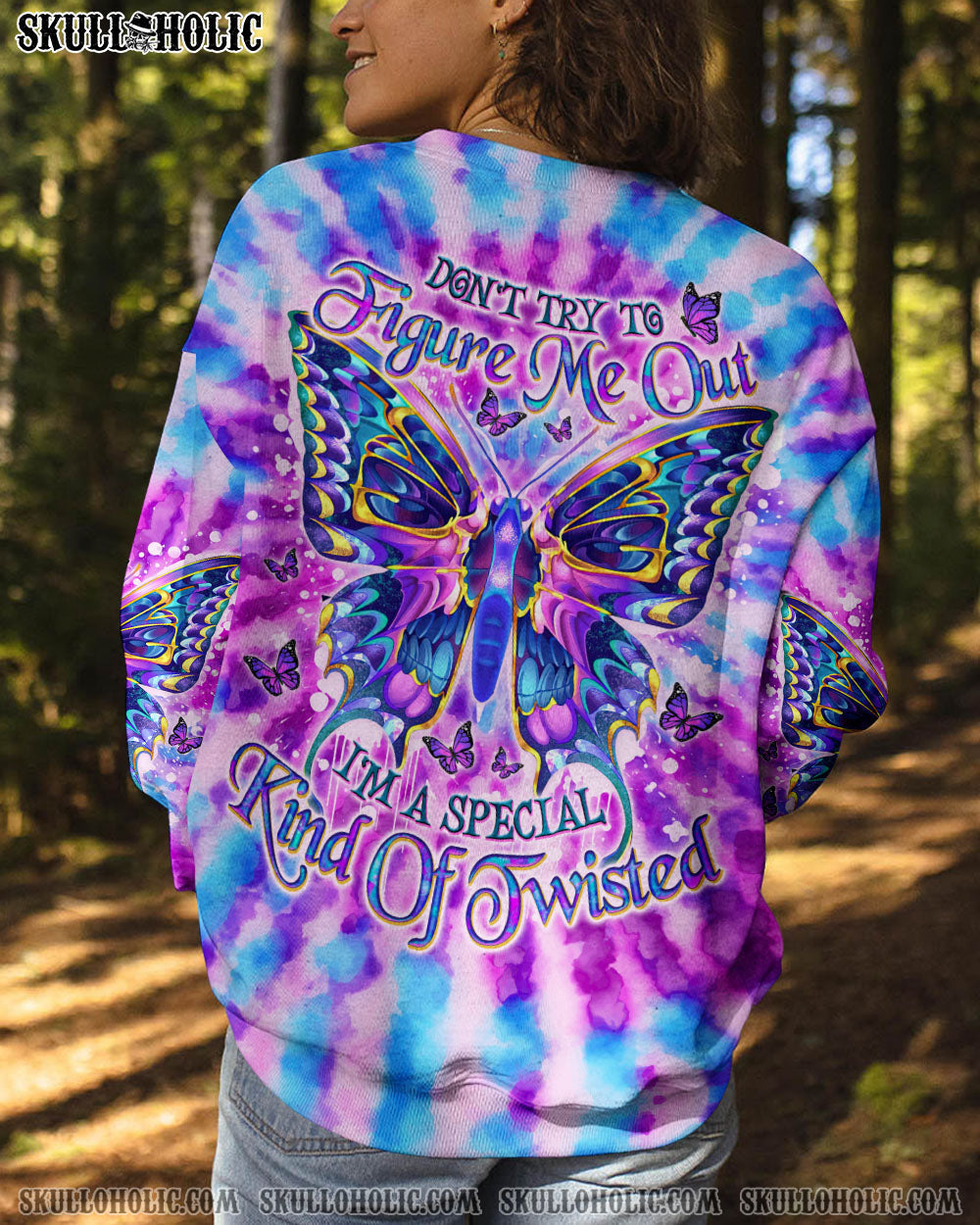 BLISSCORNERS DON'T TRY TO FIGURE ME OUT SKULL  BUTTERFLY ALL OVER PRINT