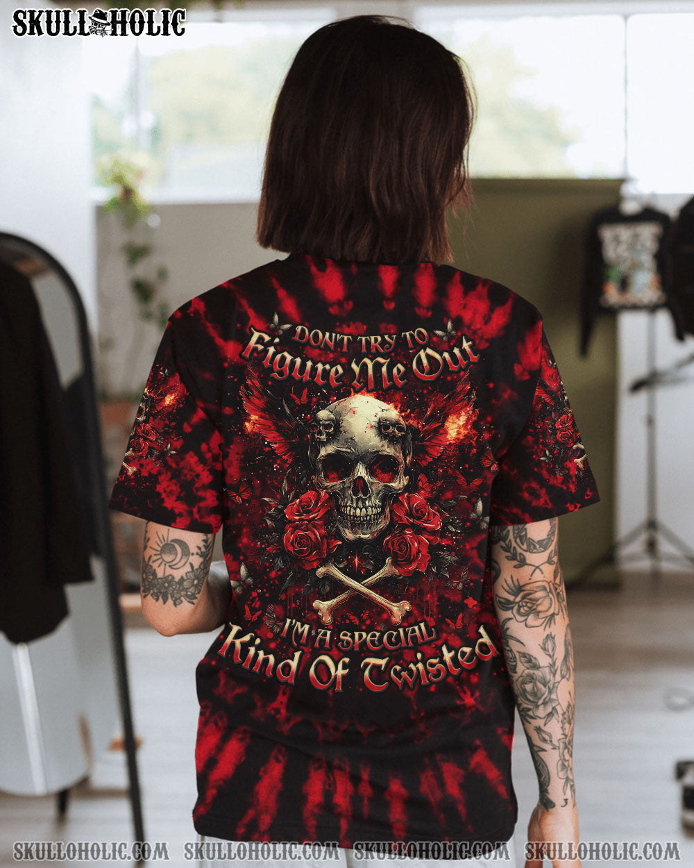 BLISSCORNERS DON'T TRY TO FIGURE ME OUT SKULL WINGS ALL OVER PRINT