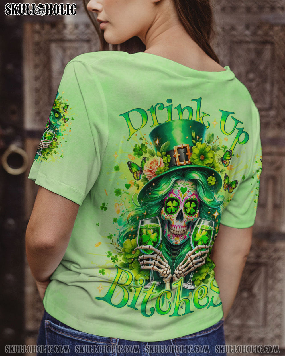 BLISSCORNERS DRINK UP B SKULL LADY PATRICK'S DAY ALL OVER PRINT