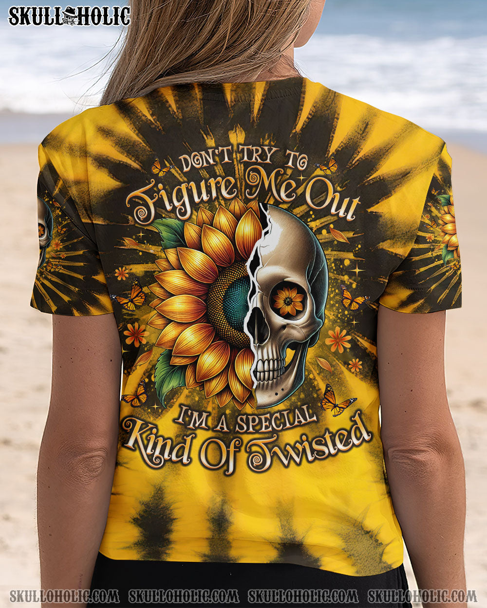BLISSCORNERS DON'T TRY TO FIGURE ME OUT SKULL SUNFLOWER ALL OVER PRINT