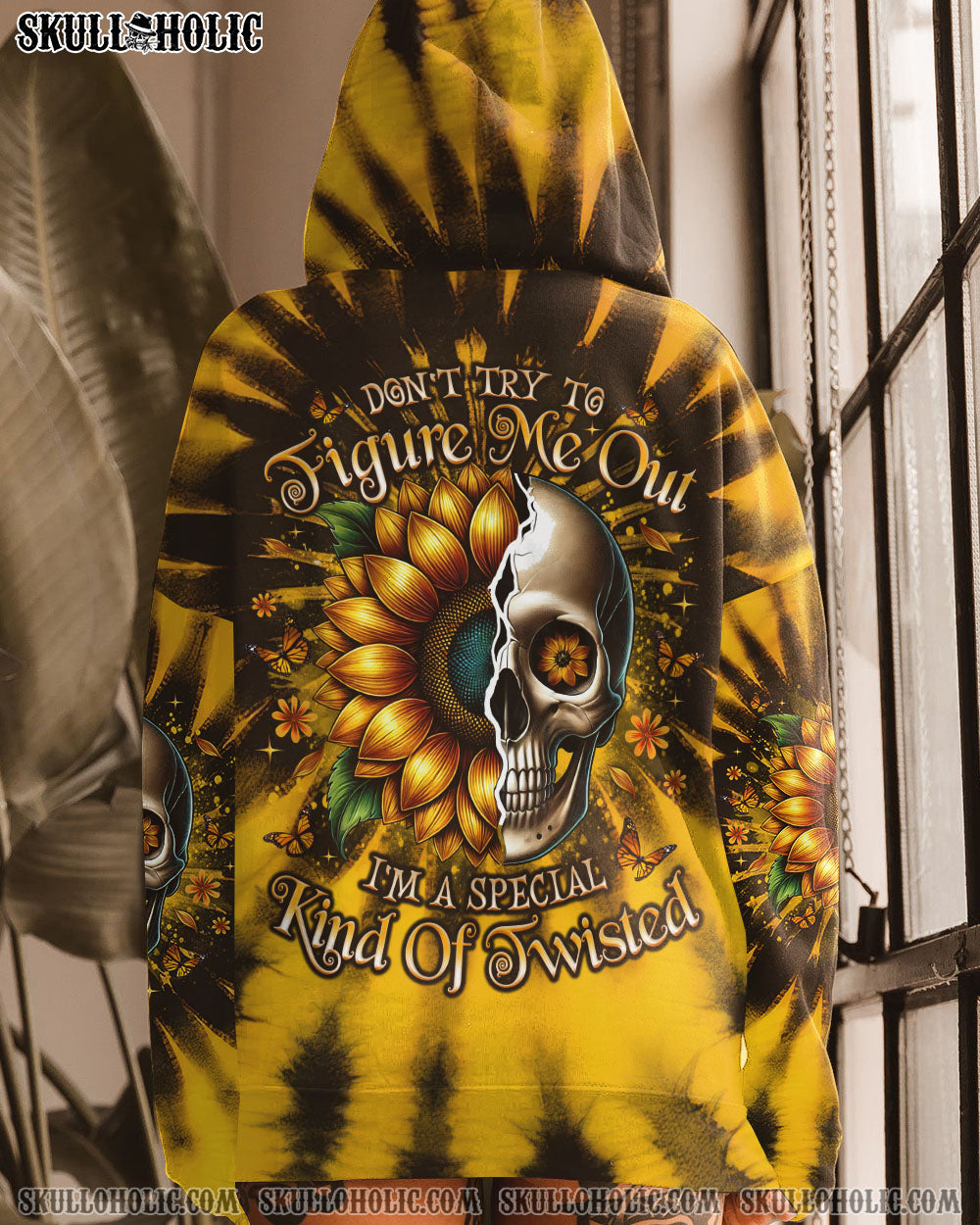 BLISSCORNERS DON'T TRY TO FIGURE ME OUT SKULL SUNFLOWER ALL OVER PRINT