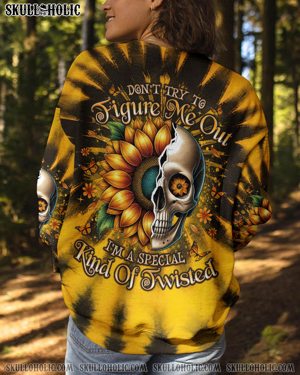 BLISSCORNERS DON'T TRY TO FIGURE ME OUT SKULL SUNFLOWER ALL OVER PRINT
