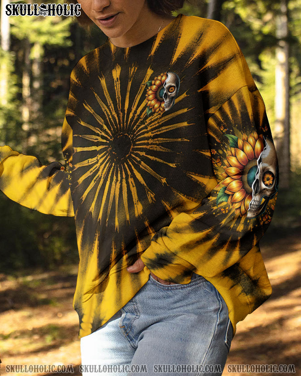 BLISSCORNERS DON'T TRY TO FIGURE ME OUT SKULL SUNFLOWER ALL OVER PRINT