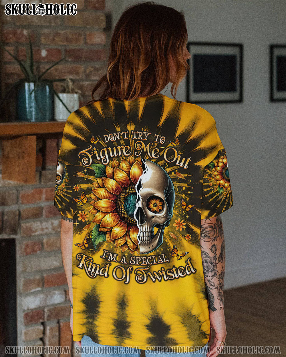 BLISSCORNERS DON'T TRY TO FIGURE ME OUT SKULL SUNFLOWER ALL OVER PRINT