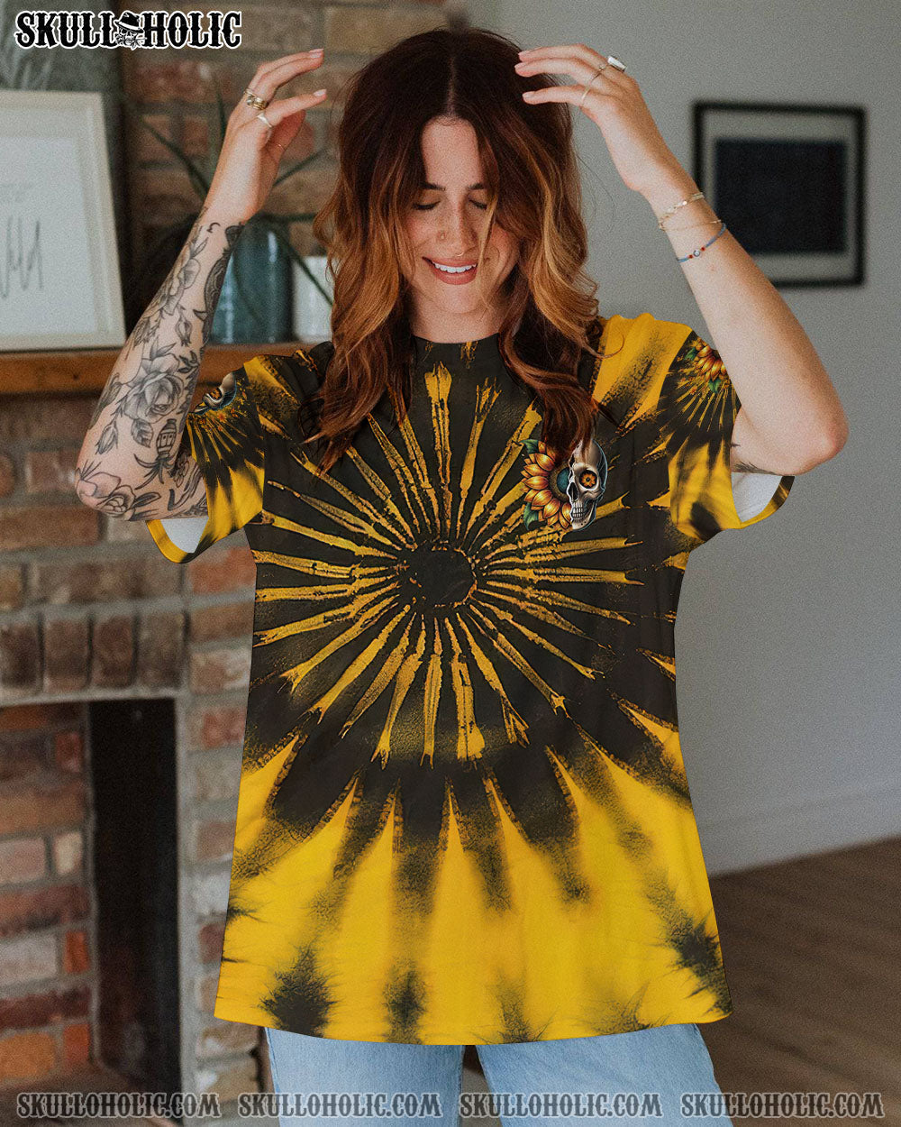 BLISSCORNERS DON'T TRY TO FIGURE ME OUT SKULL SUNFLOWER ALL OVER PRINT