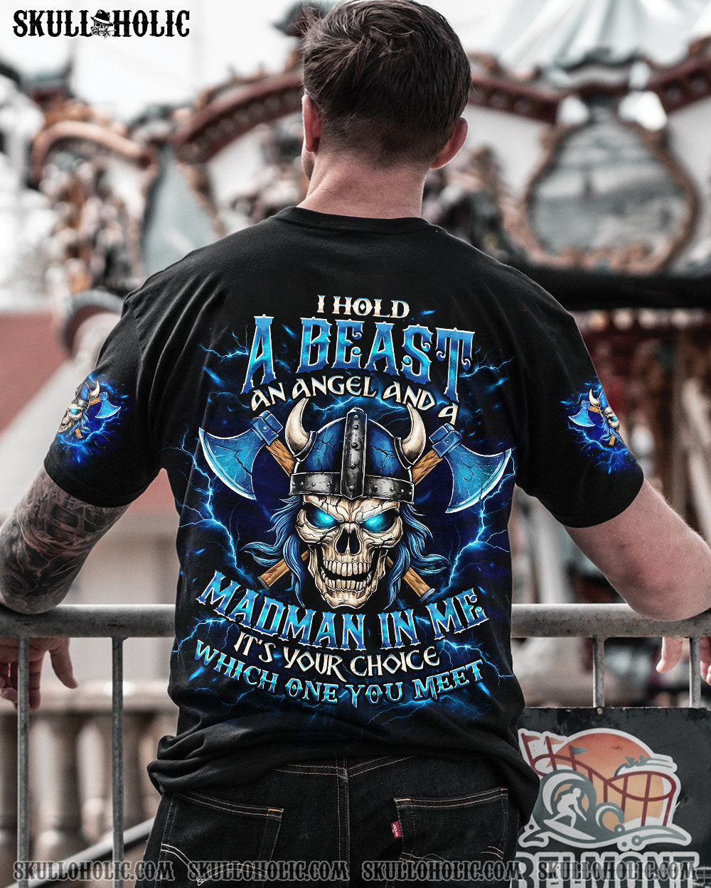BLISSCORNERS I HOLD A BEAST AN ANGEL AND A MADMAN IN ME VIKING SKULL ALL OVER PRINT