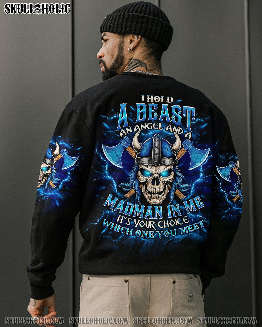 BLISSCORNERS I HOLD A BEAST AN ANGEL AND A MADMAN IN ME VIKING SKULL ALL OVER PRINT