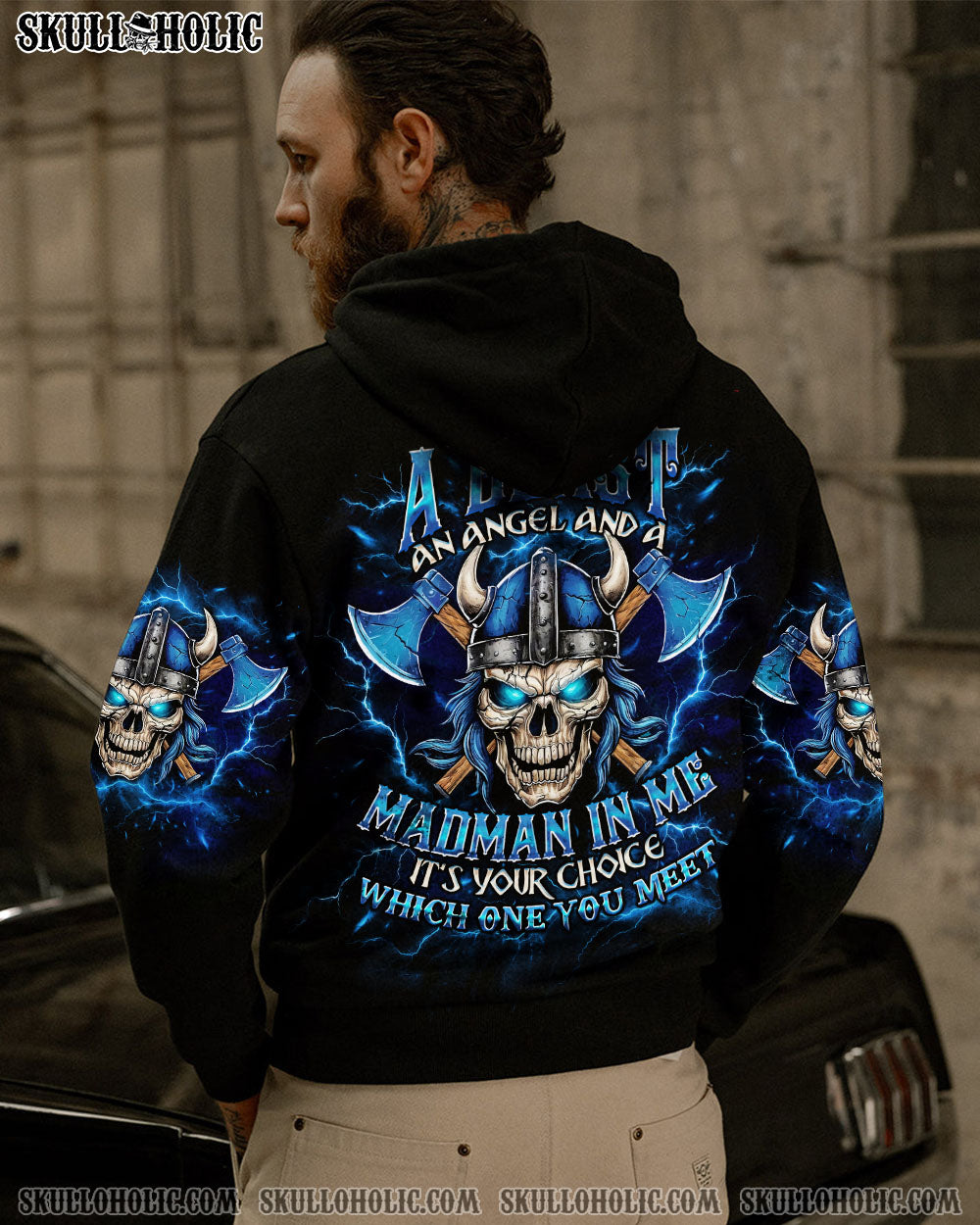 BLISSCORNERS I HOLD A BEAST AN ANGEL AND A MADMAN IN ME VIKING SKULL ALL OVER PRINT