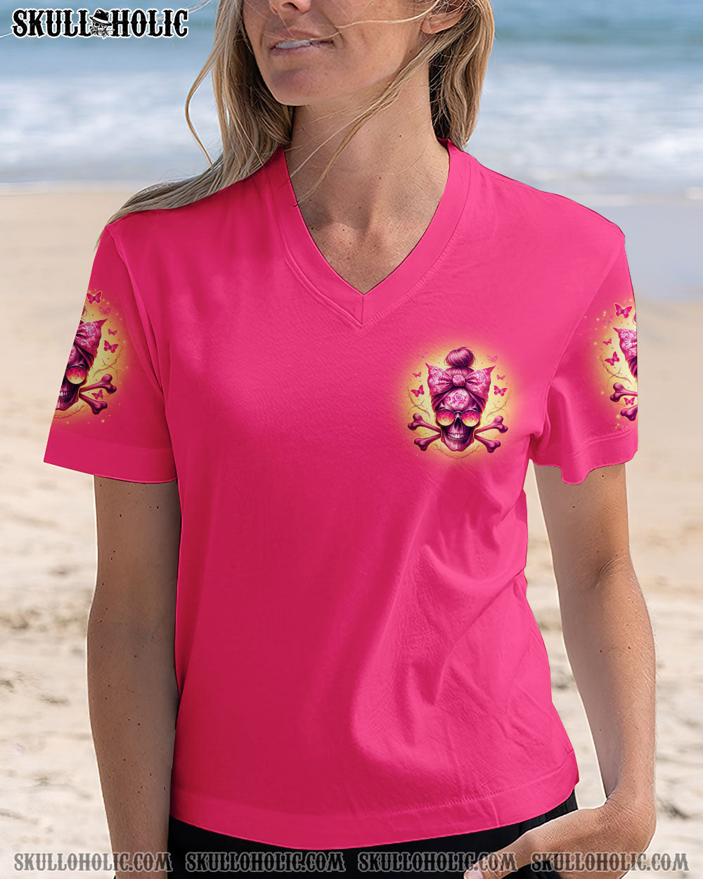 BLISSCORNERS FCK CANCER MESSY BUN SKULL TIE DYE BREAST CANCER ALL OVER PRINT