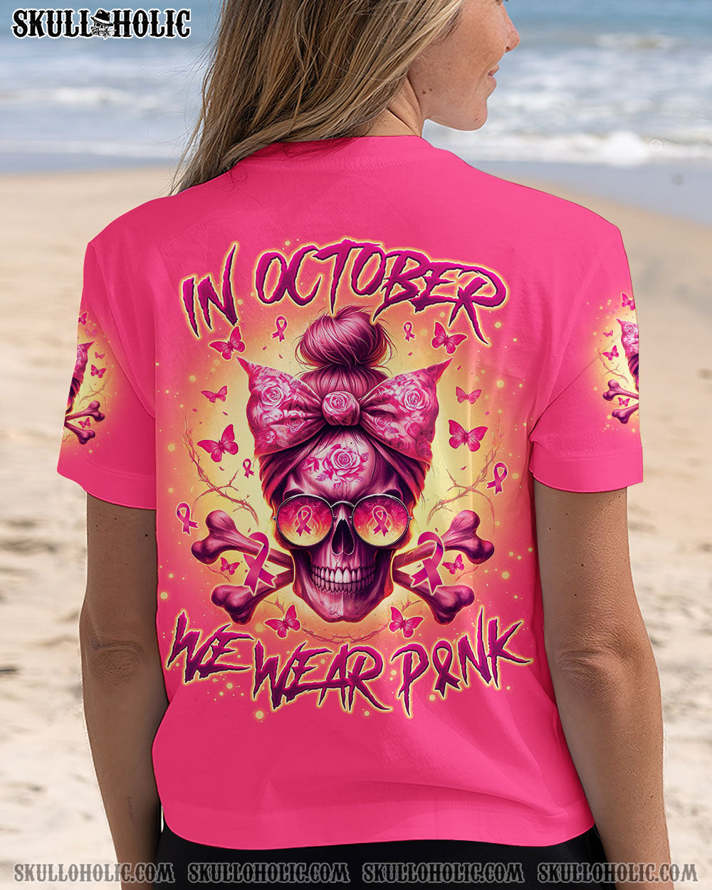BLISSCORNERS FCK CANCER MESSY BUN SKULL TIE DYE BREAST CANCER ALL OVER PRINT